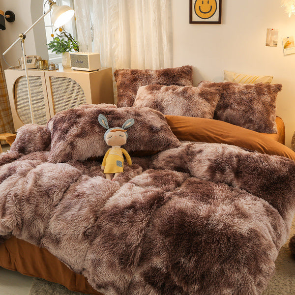 Therapeutic Fluffy Faux Mink & Velvet Fleece Quilt Cover Set - Marble Brown