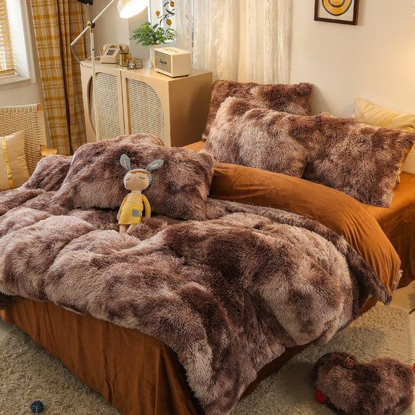 Therapeutic Fluffy Faux Mink & Velvet Fleece Quilt Cover Set - Marble Brown