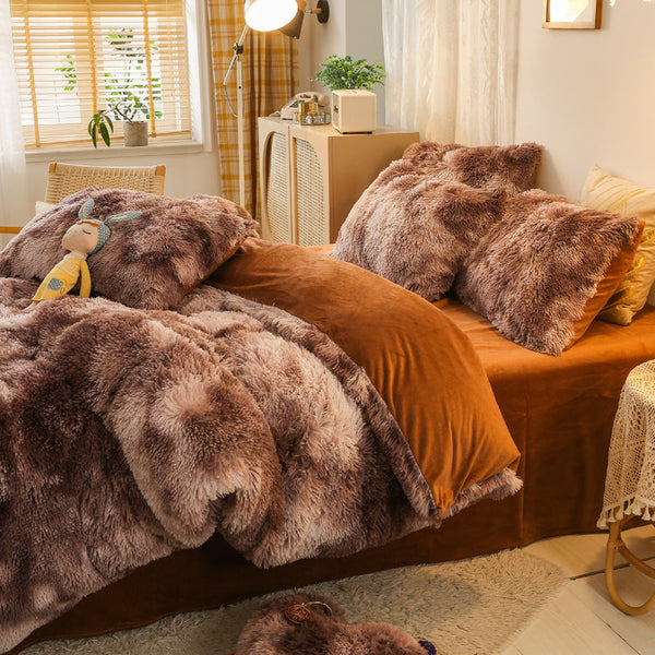 Therapeutic Fluffy Faux Mink & Velvet Fleece Quilt Cover Set - Marble Brown