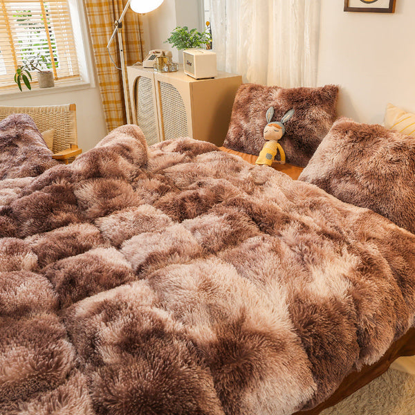 Therapeutic Fluffy Faux Mink & Velvet Fleece Quilt Cover Set - Marble Brown