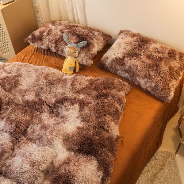 Therapeutic Fluffy Faux Mink & Velvet Fleece Quilt Cover Set - Marble Brown