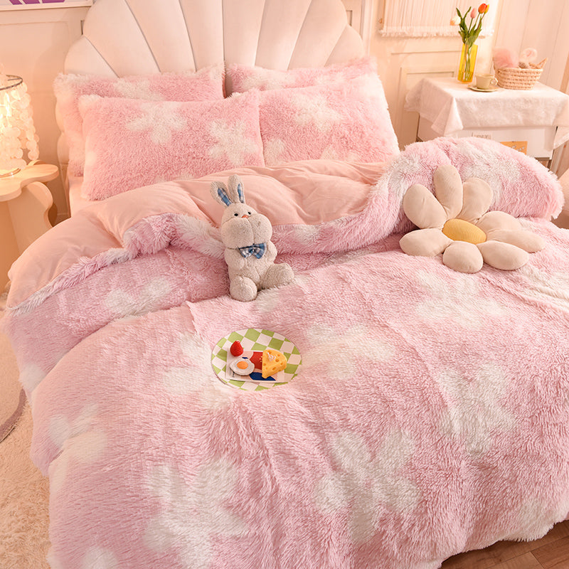 Therapeutic Fluffy Faux Mink And Velvet Fleece Quilt Cover Set Flower