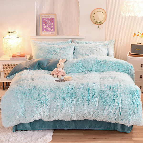 Therapeutic Fluffy Faux Mink & Velvet Fleece Quilt Cover Set - Blue white