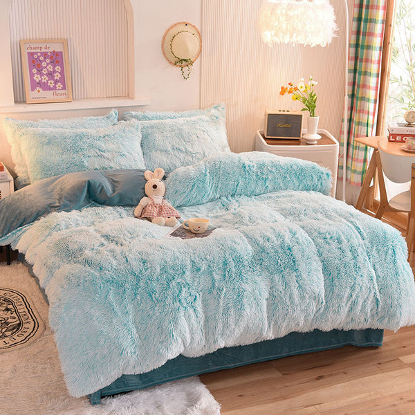 Therapeutic Fluffy Faux Mink & Velvet Fleece Quilt Cover Set - Blue white