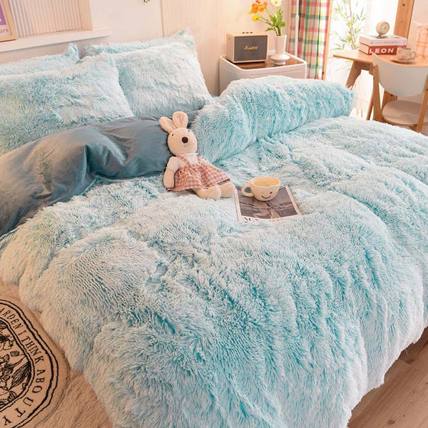 Therapeutic Fluffy Faux Mink & Velvet Fleece Quilt Cover Set - Blue white