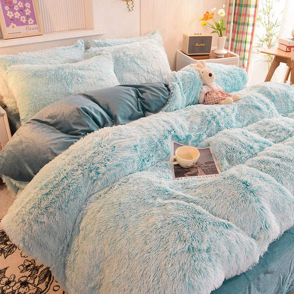 Therapeutic Fluffy Faux Mink & Velvet Fleece Quilt Cover Set - Blue white