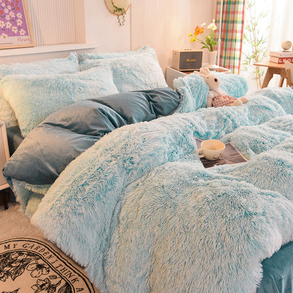 Therapeutic Fluffy Faux Mink & Velvet Fleece Quilt Cover Set - Blue white