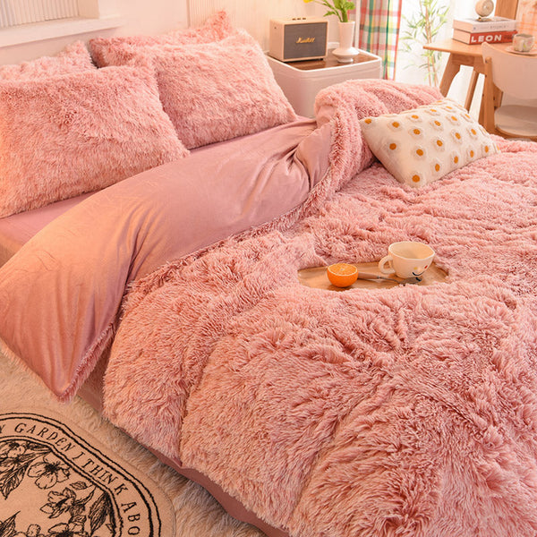 Therapeutic Fluffy Faux Mink & Velvet Fleece Quilt Cover Set - French Pink