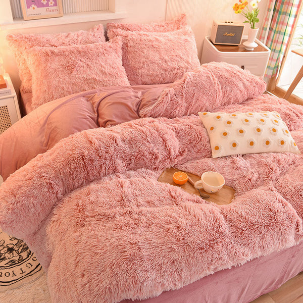 Therapeutic Fluffy Faux Mink & Velvet Fleece Quilt Cover Set - French Pink