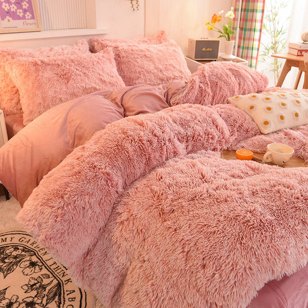 Therapeutic Fluffy Faux Mink & Velvet Fleece Quilt Cover Set - French Pink