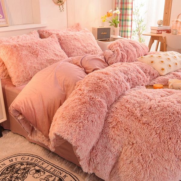 Therapeutic Fluffy Faux Mink & Velvet Fleece Quilt Cover Set - French Pink