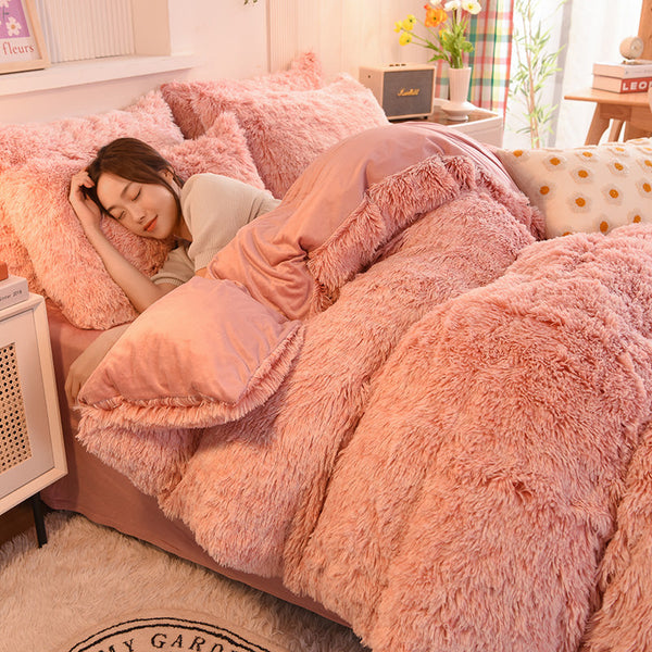 Therapeutic Fluffy Faux Mink & Velvet Fleece Quilt Cover Set - French Pink