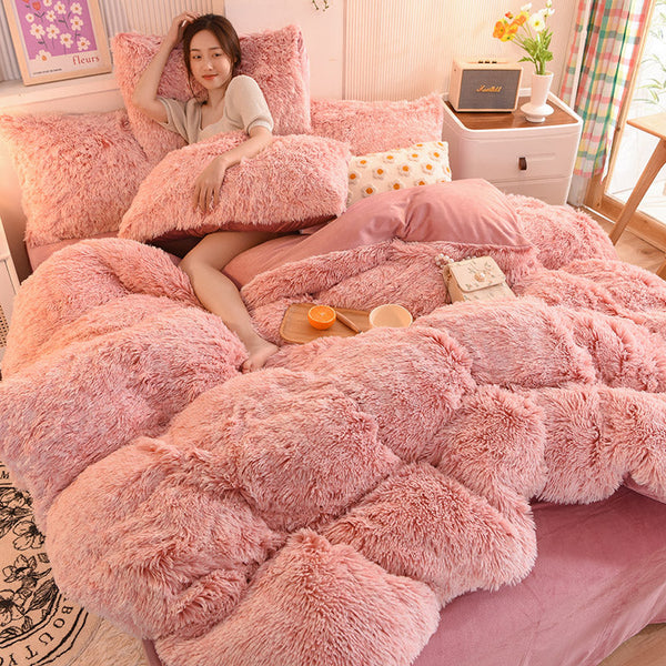 Therapeutic Fluffy Faux Mink & Velvet Fleece Quilt Cover Set - French Pink