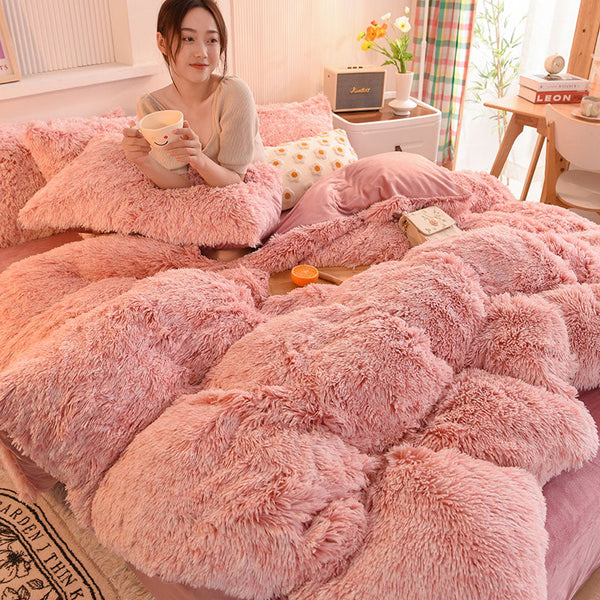 Therapeutic Fluffy Faux Mink & Velvet Fleece Quilt Cover Set - French Pink