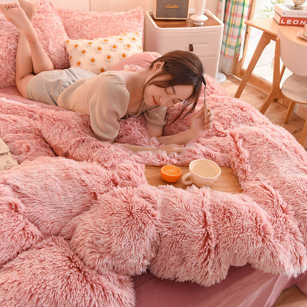 Therapeutic Fluffy Faux Mink & Velvet Fleece Quilt Cover Set - French Pink