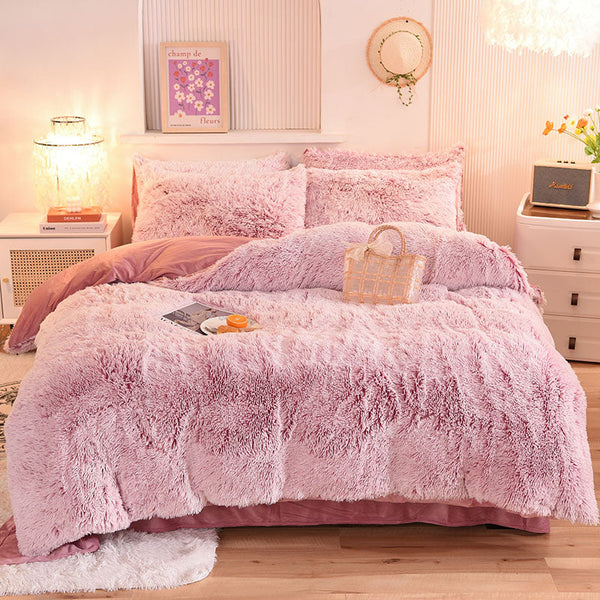 Therapeutic Fluffy Faux Mink & Velvet Fleece Quilt Cover Set - Deep Pink White