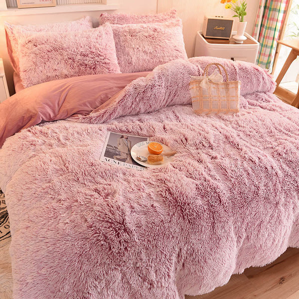 Therapeutic Fluffy Faux Mink & Velvet Fleece Quilt Cover Set - Deep Pink White