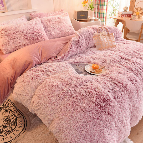 Therapeutic Fluffy Faux Mink & Velvet Fleece Quilt Cover Set - Deep Pink White