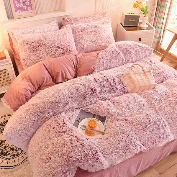 Therapeutic Fluffy Faux Mink & Velvet Fleece Quilt Cover Set - Deep Pink White