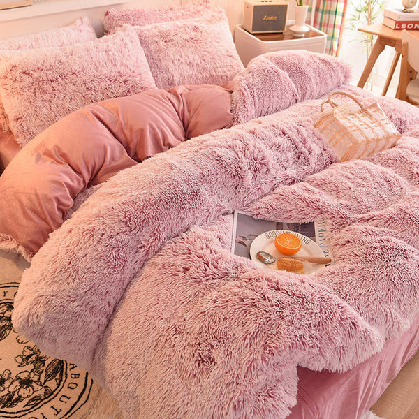 Therapeutic Fluffy Faux Mink & Velvet Fleece Quilt Cover Set - Deep Pink White