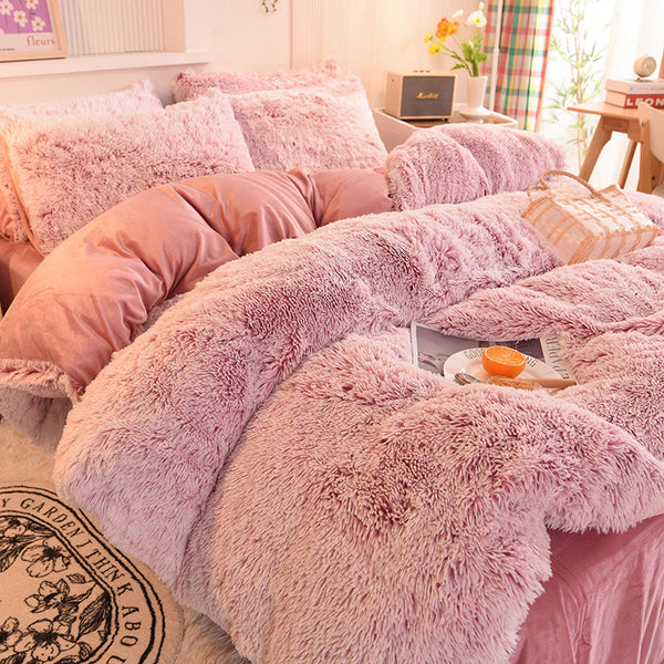 Therapeutic Fluffy Faux Mink & Velvet Fleece Quilt Cover Set - Deep Pink White