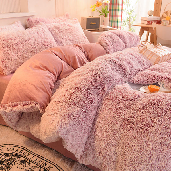 Therapeutic Fluffy Faux Mink & Velvet Fleece Quilt Cover Set - Deep Pink White