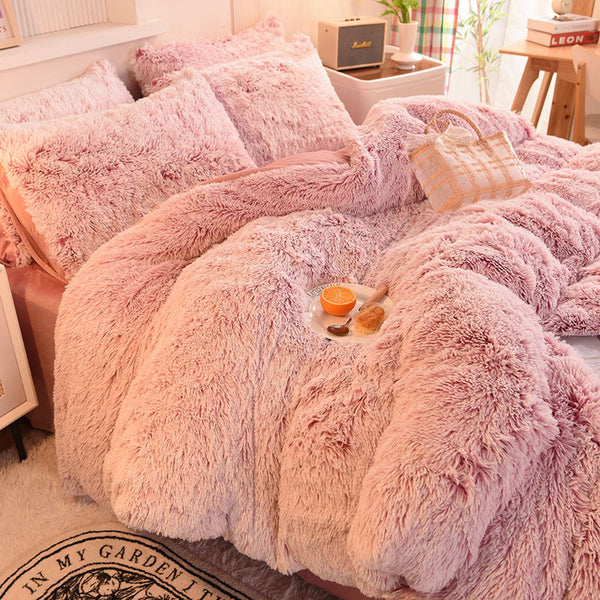 Therapeutic Fluffy Faux Mink & Velvet Fleece Quilt Cover Set - Deep Pink White