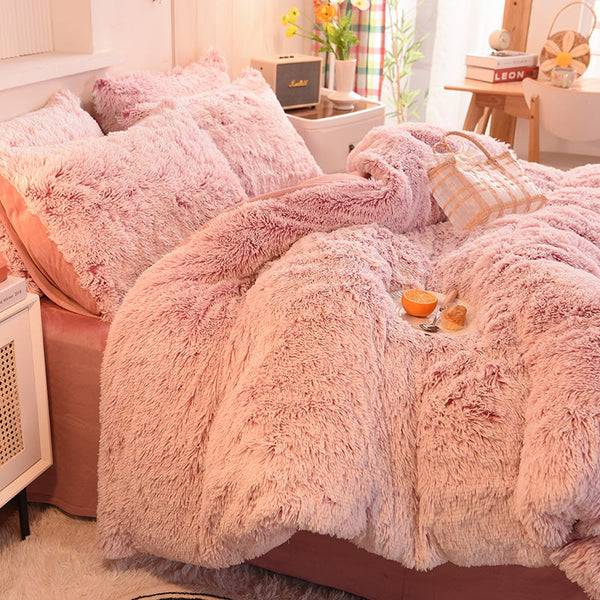 Therapeutic Fluffy Faux Mink & Velvet Fleece Quilt Cover Set - Deep Pink White