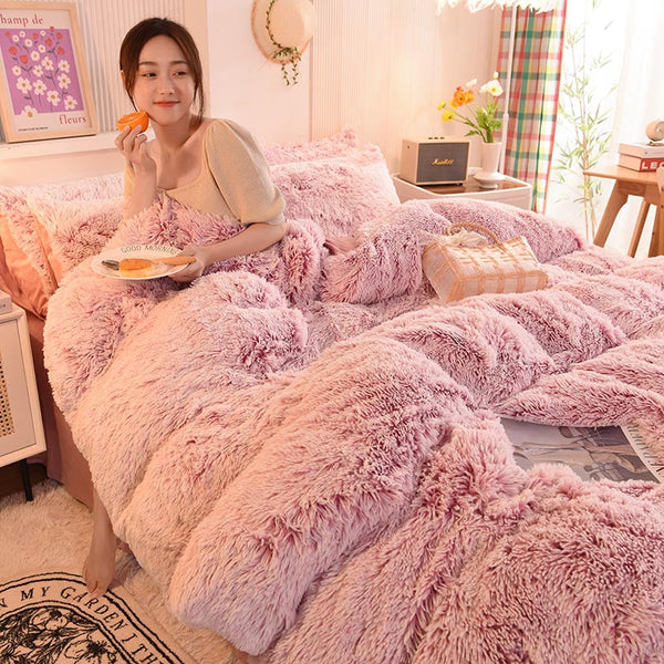 Therapeutic Fluffy Faux Mink & Velvet Fleece Quilt Cover Set - Deep Pink White