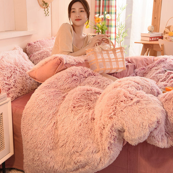 Therapeutic Fluffy Faux Mink & Velvet Fleece Quilt Cover Set - Deep Pink White