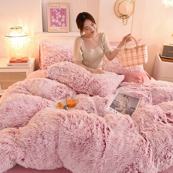 Therapeutic Fluffy Faux Mink & Velvet Fleece Quilt Cover Set - Deep Pink White