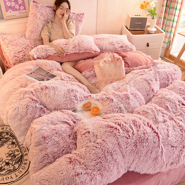 Therapeutic Fluffy Faux Mink & Velvet Fleece Quilt Cover Set - Deep Pink White