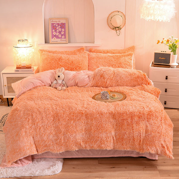 Therapeutic Fluffy Faux Mink & Velvet Fleece Quilt Cover Set - Orange white