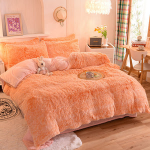 Therapeutic Fluffy Faux Mink & Velvet Fleece Quilt Cover Set - Orange white