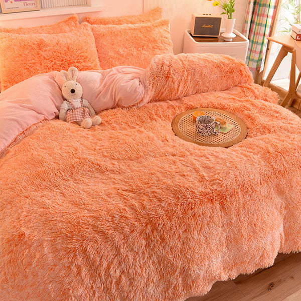 Therapeutic Fluffy Faux Mink & Velvet Fleece Quilt Cover Set - Orange white