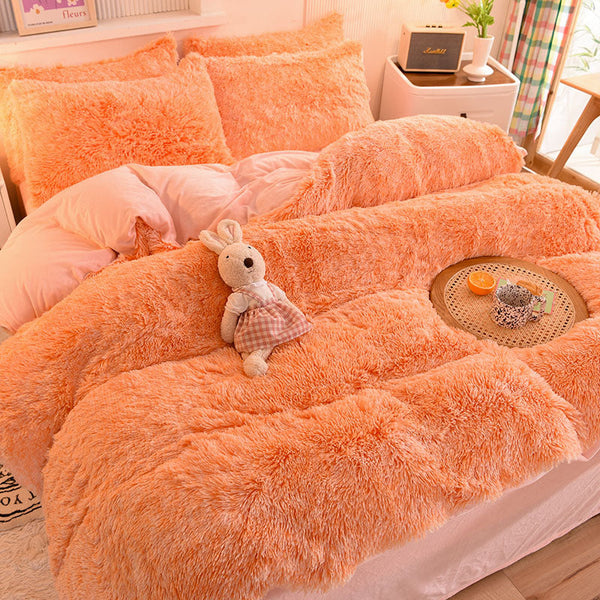 Therapeutic Fluffy Faux Mink & Velvet Fleece Quilt Cover Set - Orange white