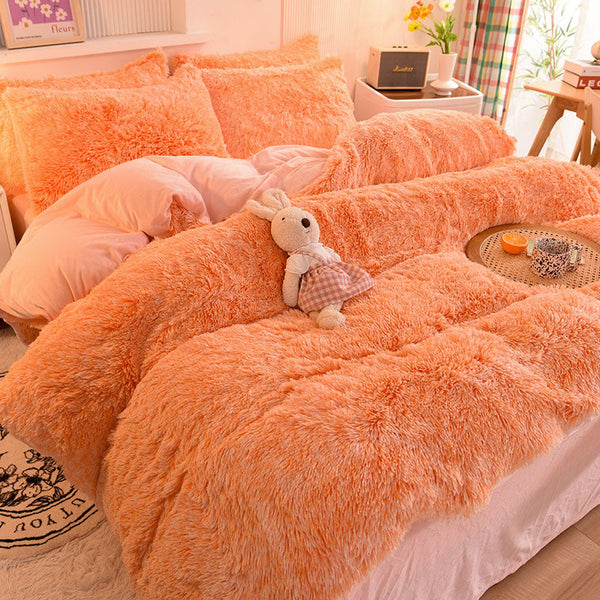 Therapeutic Fluffy Faux Mink & Velvet Fleece Quilt Cover Set - Orange white