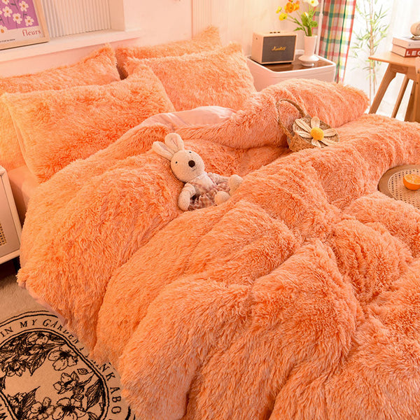 Therapeutic Fluffy Faux Mink & Velvet Fleece Quilt Cover Set - Orange white