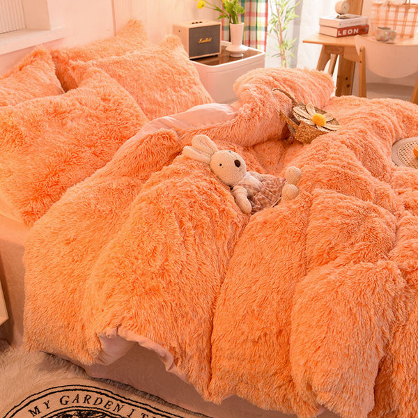 Therapeutic Fluffy Faux Mink & Velvet Fleece Quilt Cover Set - Orange white