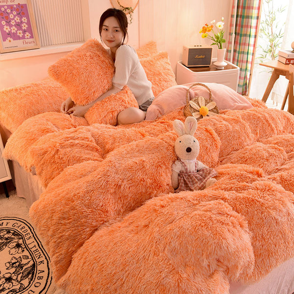 Therapeutic Fluffy Faux Mink & Velvet Fleece Quilt Cover Set - Orange white