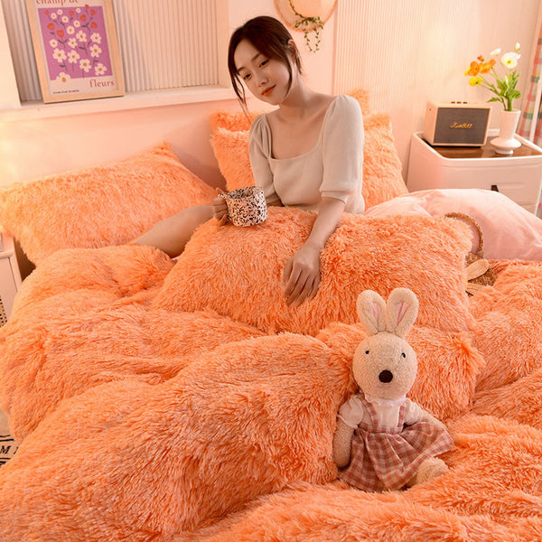 Therapeutic Fluffy Faux Mink & Velvet Fleece Quilt Cover Set - Orange white