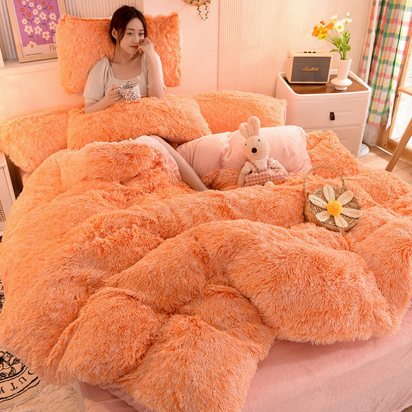 Therapeutic Fluffy Faux Mink & Velvet Fleece Quilt Cover Set - Orange white