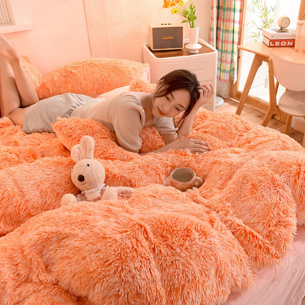 Therapeutic Fluffy Faux Mink & Velvet Fleece Quilt Cover Set - Orange white