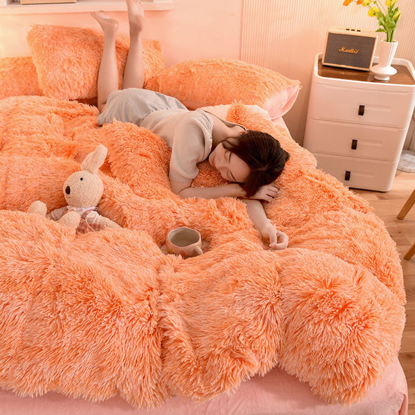 Therapeutic Fluffy Faux Mink & Velvet Fleece Quilt Cover Set - Orange white