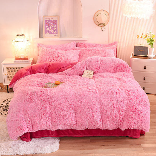 Therapeutic Fluffy Faux Mink & Velvet Fleece Quilt Cover Set - Pink white