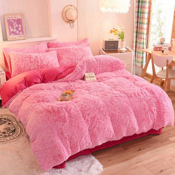 Therapeutic Fluffy Faux Mink & Velvet Fleece Quilt Cover Set - Pink white