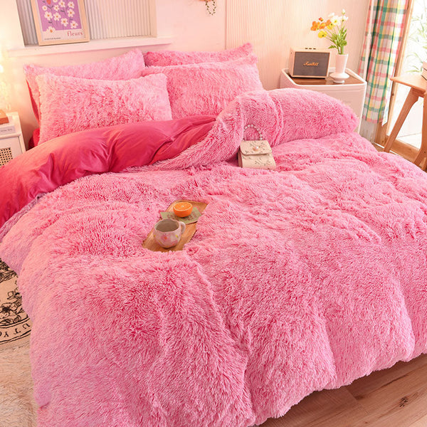 Therapeutic Fluffy Faux Mink & Velvet Fleece Quilt Cover Set - Pink white