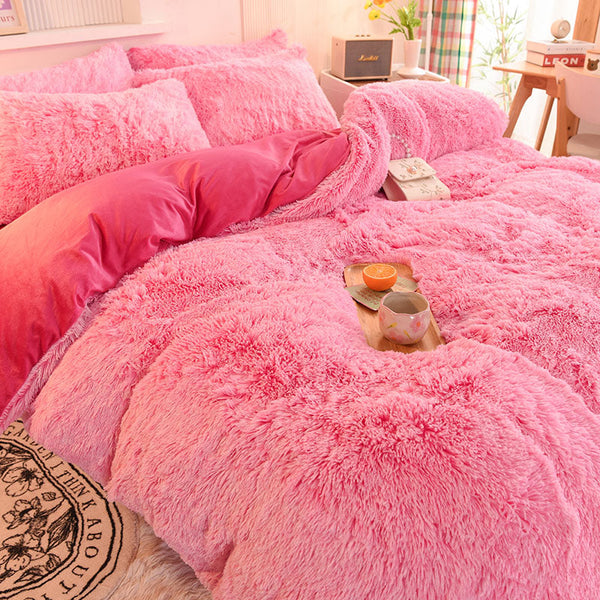 Therapeutic Fluffy Faux Mink & Velvet Fleece Quilt Cover Set - Pink white