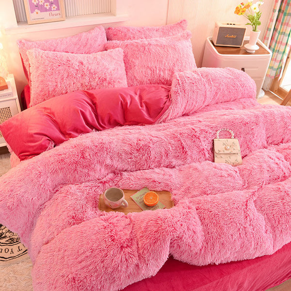 Therapeutic Fluffy Faux Mink & Velvet Fleece Quilt Cover Set - Pink white