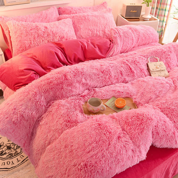 Therapeutic Fluffy Faux Mink & Velvet Fleece Quilt Cover Set - Pink white